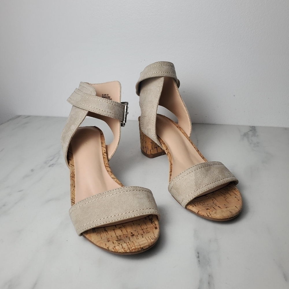 Sears faux suede ankle strap cork heel sandals - Picture 5 of 6